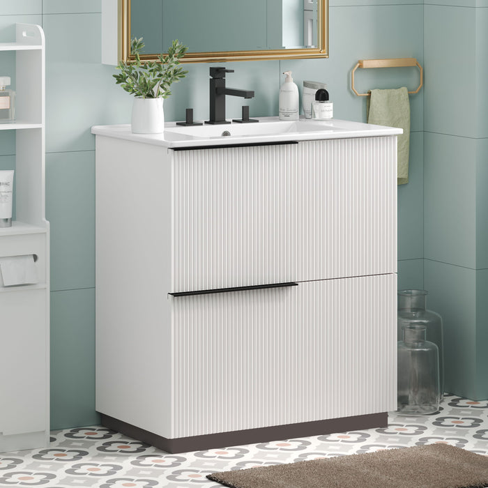 Fluted Bathroom Vanity With Ceramic Sink, Soft Close Slides