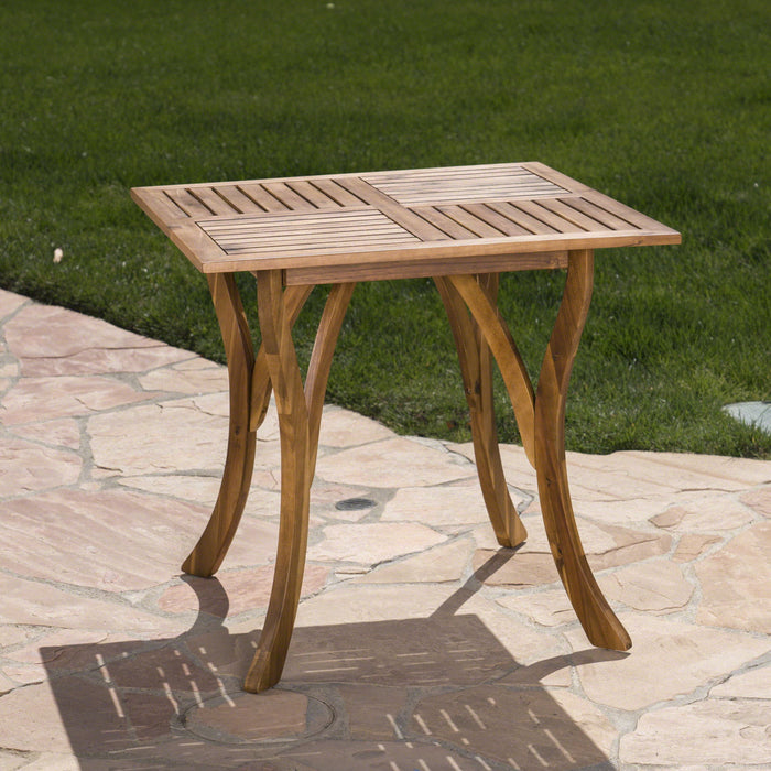 Outdoor Rectangular Table With Curved Legs And Perpendicular Wooden Slats Table Top