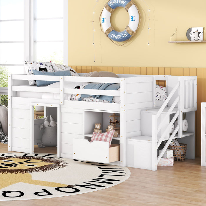 Low Loft Bed With Stair, Drawer, And Shelf