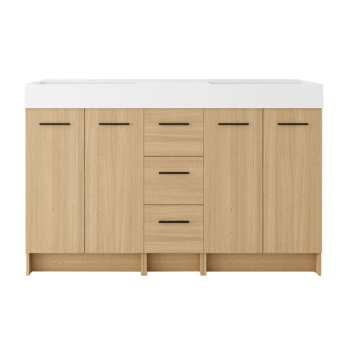 Double Sink Bathroom Vanity With 3 Drawers, Large Storage, Integrated Sink, Freestanding Cabinet, Soft Close Hardware - Glossy White / Light Oak