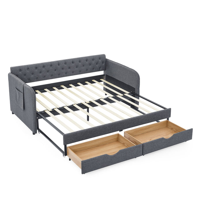 Daybed With Trundle And Storage Drawers, Flat Arms With Pocket