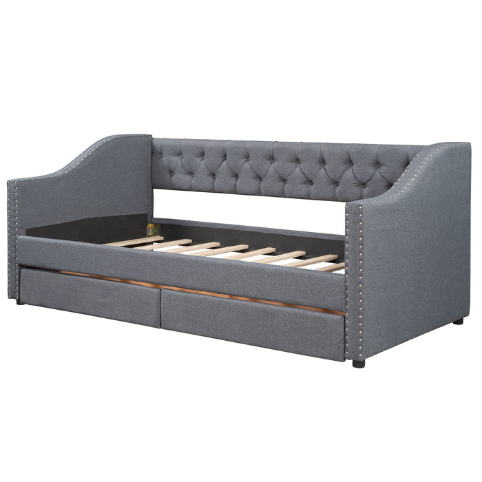 Twin Size Upholstered Daybed With Two Drawers, Slat Support - Gray