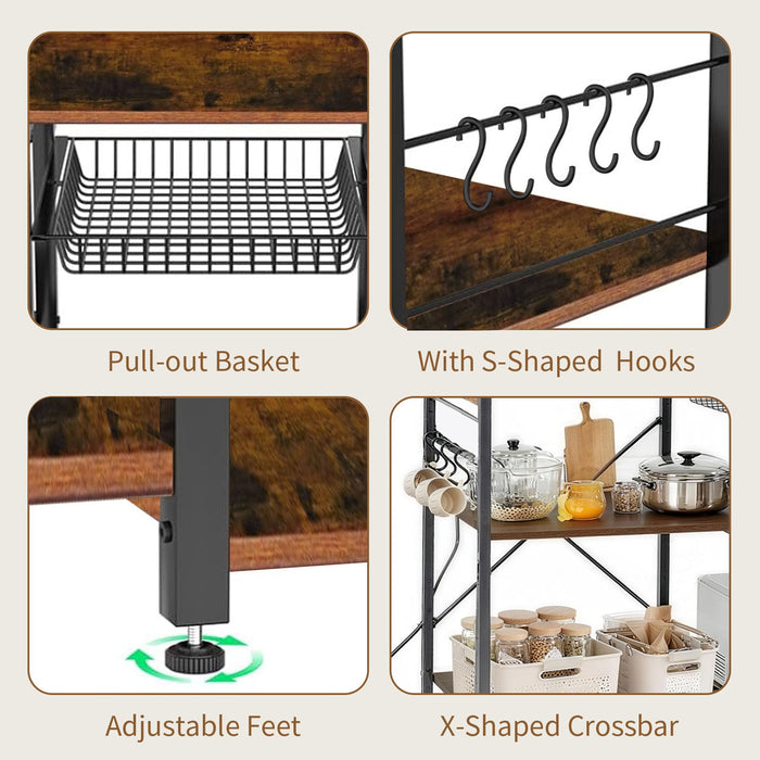 Bakers Rack With Power Outlet, Coffee Bar With S-Shaped Hooks, Kitchen Shelf With Wire Basket - Black / Brown