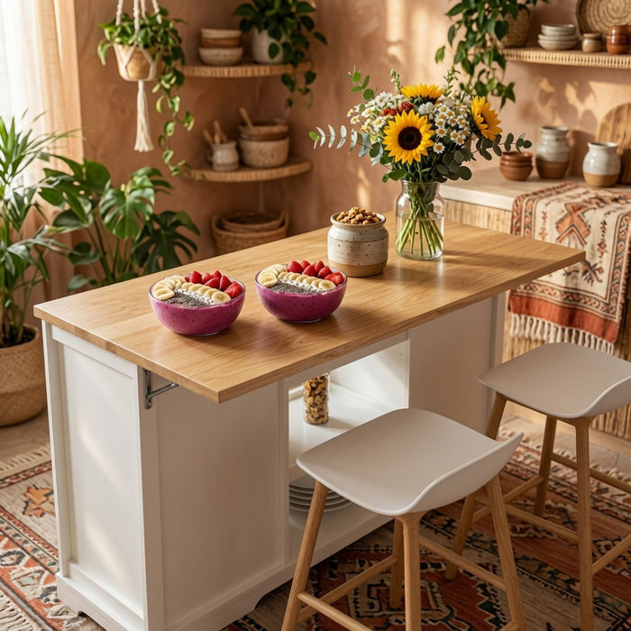 Drop Leaf Kitchen Island With Storage, Power Outlet & Pet Bowl Drawer - White / Light Oak
