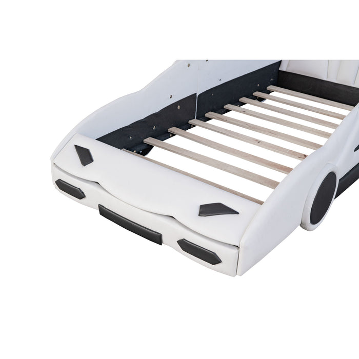 Race Car Shaped Twin Platform Bed With Wheels, Pine Wood Construction