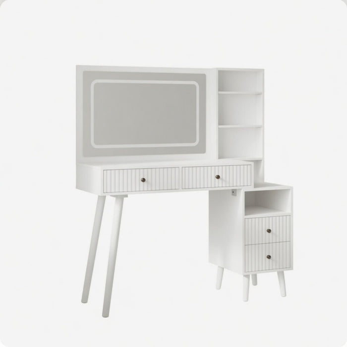 Fluted Vanity Desk With Lighted Mirror & Outlet 4 Drawer, Makeup Table - White