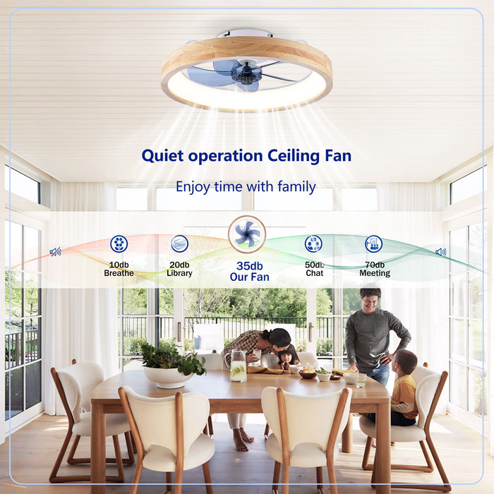 Ceiling Fans With Lights And Remote, 3000 - 6500K Dimmable Flush Mount LED Fan Light, 6 Speeds, Quiet DC Motor For Living Room - Matte White / Natural Wood