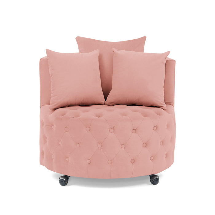 Modern Upholstered Swivel Chair With Button Tufted Design And Movable Wheels