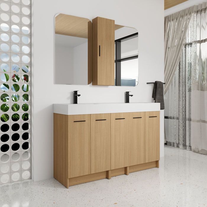Double Sink Bathroom Vanity Set With Tall Linen Cabinet, Extra Large Storage, Integrated Sink, Freestanding Cabinet - Light Oak / White