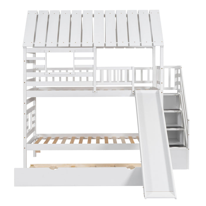 House Bunk Bed With Trundle, Storage Staircase, Roof And Window Design