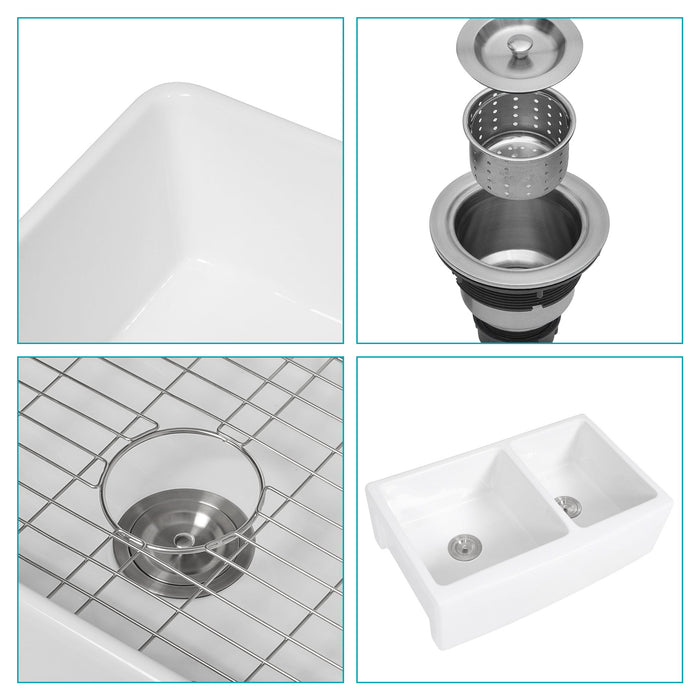 Sink 33" Double Bowl 60 / 40 Kitchen Sink With Deep Basin And Grids - White