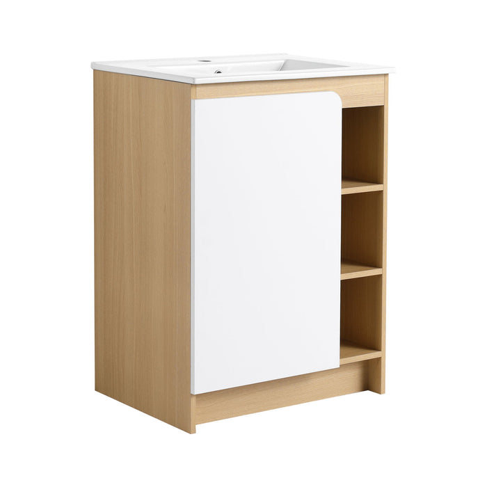 Freestanding Bathroom Vanity With Thin Rim Sink, Single Door With 4 Tier Open Shelves - Light Oak / White