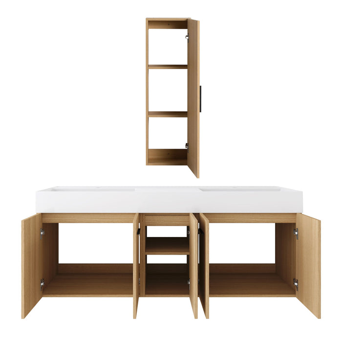 Floating Double Sink Bathroom Vanity Set With Tall Linen Cabinet, Extra Large Storage, Integrated Sink, Soft Close Doors - Glossy White / Light Oak