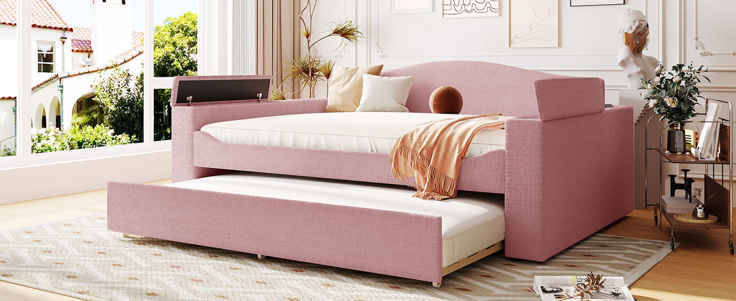 Upholstered Daybed With Storage Armrests, Trundle And Latest Integrated Bluetooth Audio System