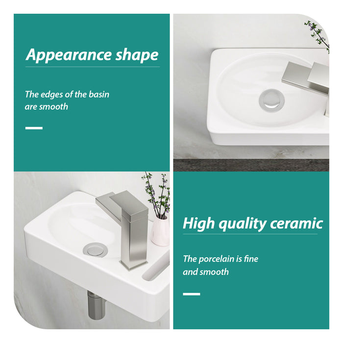 Rectangle, Wall Mount Bathroom Sink & Single Faucet Hole - White
