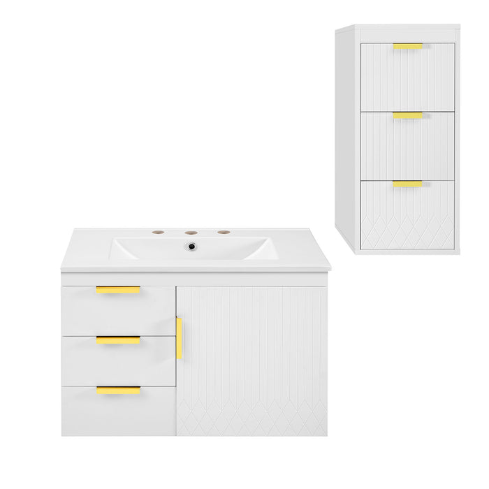 Wall Mounted Bathroom Cabinet With Side Cabinet Combo With Soft-Closing Doors And Drawers, Ceramic Sink