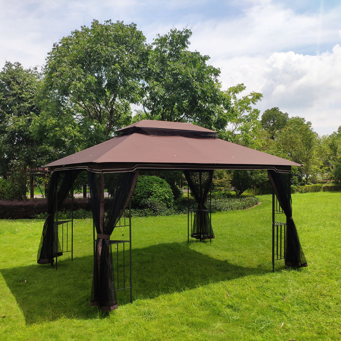 13 0 Outdoor Patio Gazebo Canopy Tent With Ventilated Double Roof And Mosquito Net (Detachable Mesh Screen On All Sides) Suitable For Lawn Garden Backyard And Deck Top - Brown
