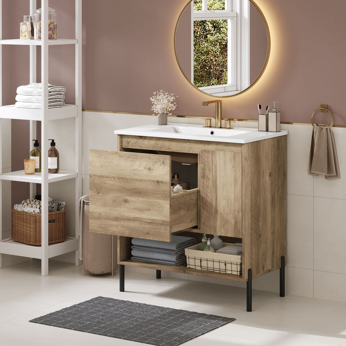 Bathroom Vanity Cabinet With Sink, Sliding Drawer, Soft Closing Door, Open Shelf - Natural Wood
