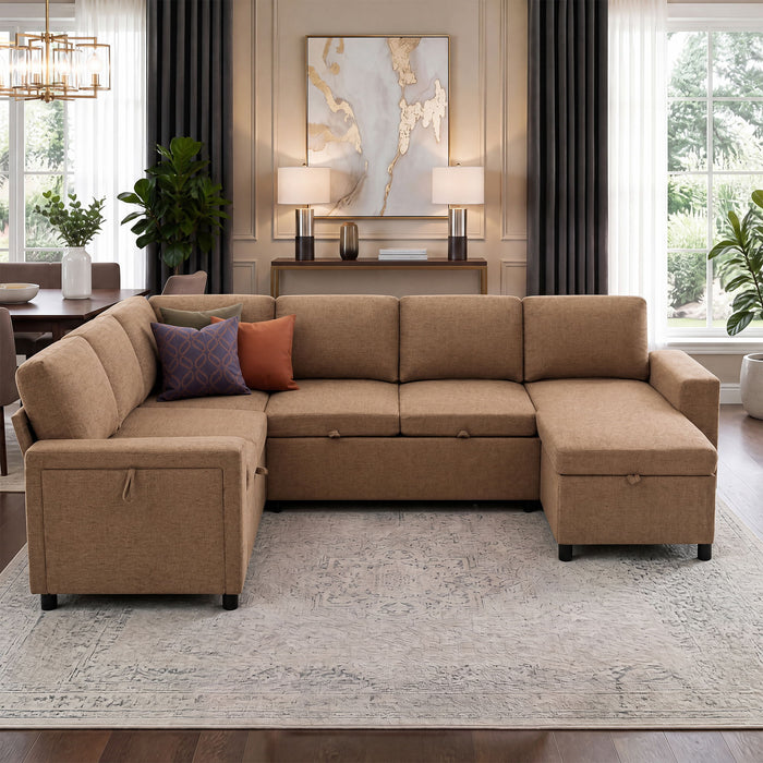U - Shaped Convertible Sectional Sofa Bed With Storage, USB Charger & Cup Holders