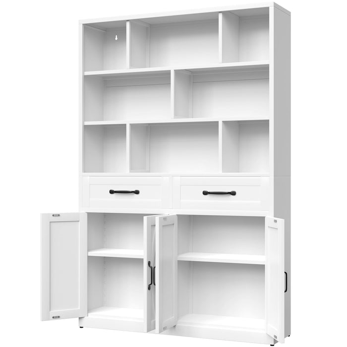 Bookcase Tall With 2 Doors & 2 Drawers, Fixed Open Shelves - White