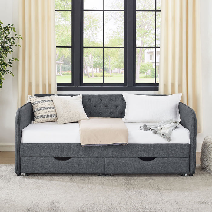 Daybed With Trundle And Storage Drawers, Flat Arms With Pocket