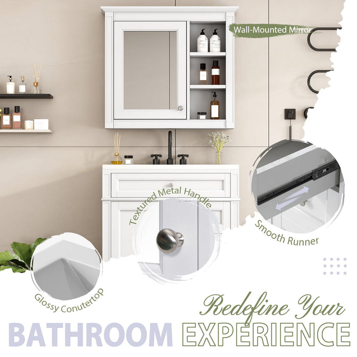 Bathroom Vanity With Top Sink, Storage Cabinet With 2 Drawers And Tip Out Drawer, Freestanding Set With Mirror Cabinet