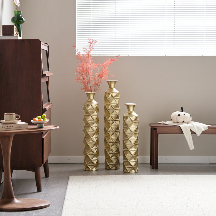 Metal Decorative Vase High Distress Metal Center Vase With 3D Triangle Pattern, (Set of 3) Vases For Home Decoration - Gold