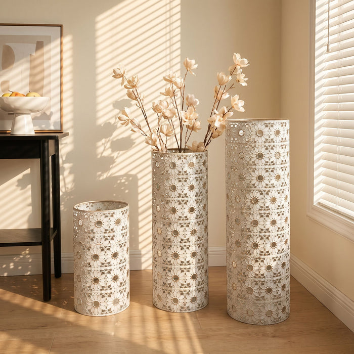 Handcrafted Cutout Hollow Tall Standing Floor Vase, Home Decor (Set of 3) - White / Gold