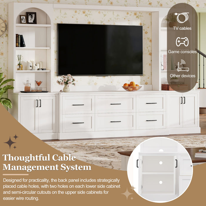 Arched Entertainment Center Wall Unit With 6 Drawers, Large TV Stand With Bookshelves