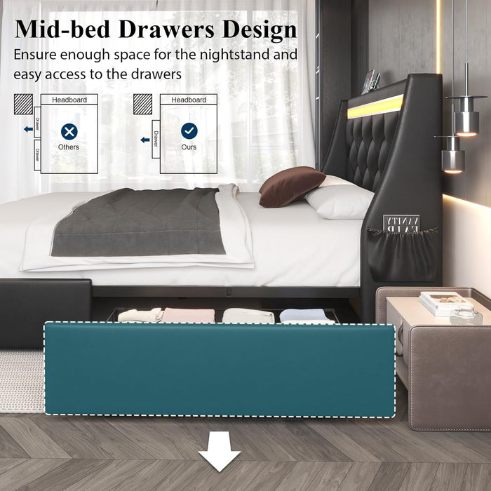 Wingback Upholstered Bed Frame With LED Lights, Charging Station