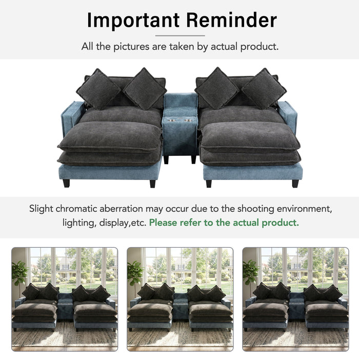 Sectional Sofa With Removable Ottomans, USB Ports, Cup Holders & Storage - Gray / Light Blue