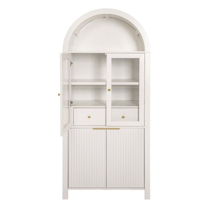 Fluted Tall Arched Pantry Cabinet With Adjustable Shelves, Glass Door & Hidden Drawer For Kitchen