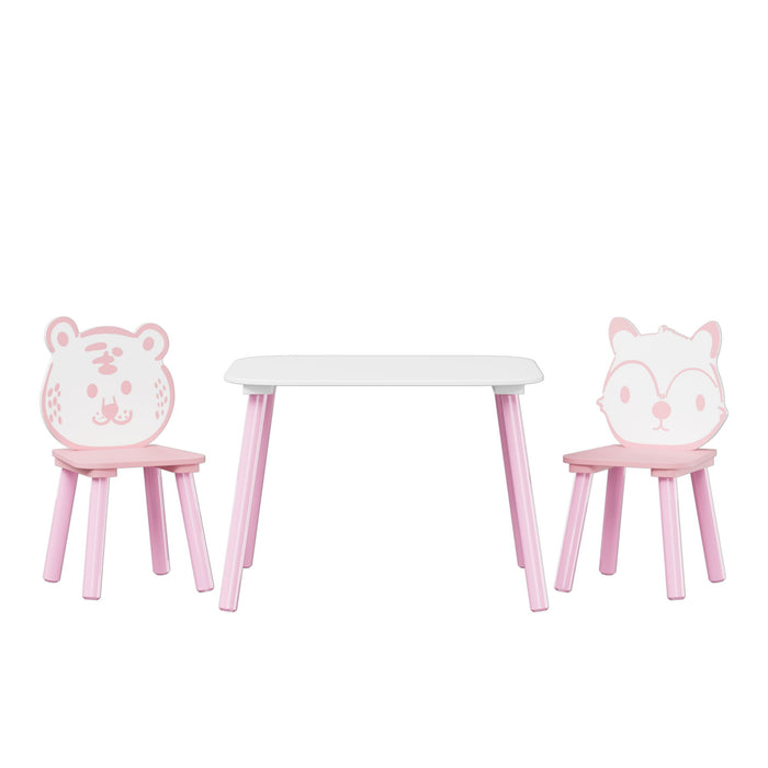 Table And Chair Set, 3 Piece Wooden Toddler Desk With Animal Backrest - Pink / White