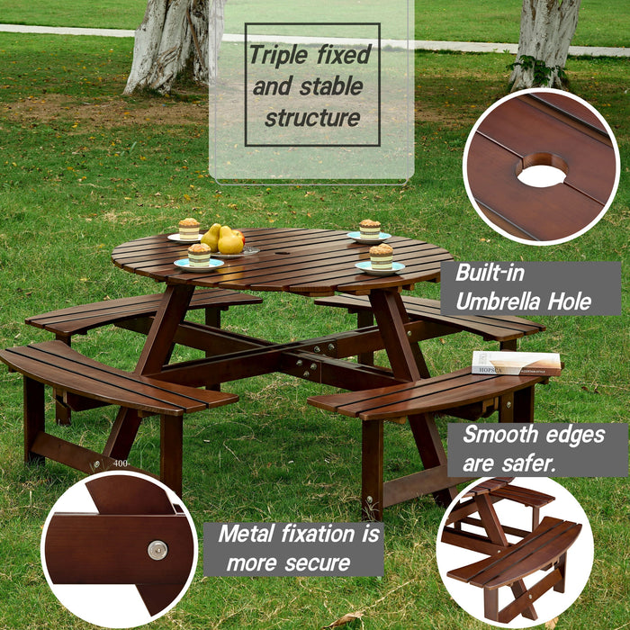 8 Person Round Picnic Table With 4 Built In Benches, Umbrella Hole For Garden - Brown