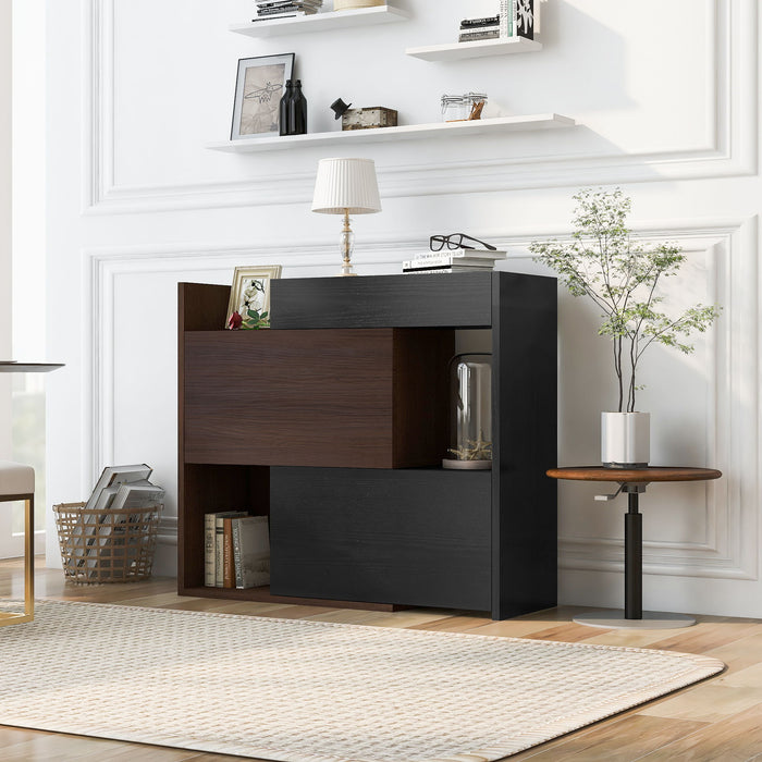 Modern Extendable & Rotating Cabinet With Drawer And Flip Doors For Versatile Storage - Black / Dark Walnut