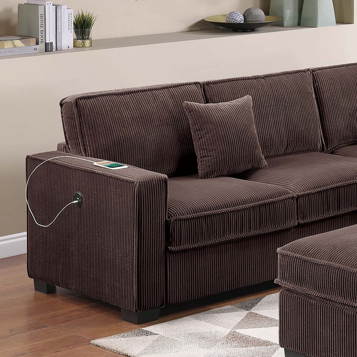 4 Piece Sectional Set With USB Ports, Left Arm Facing / Right Arm Facing Loveseat, Corner Wedge, Cocktail Ottoman, 2 Pillows - Chocolate