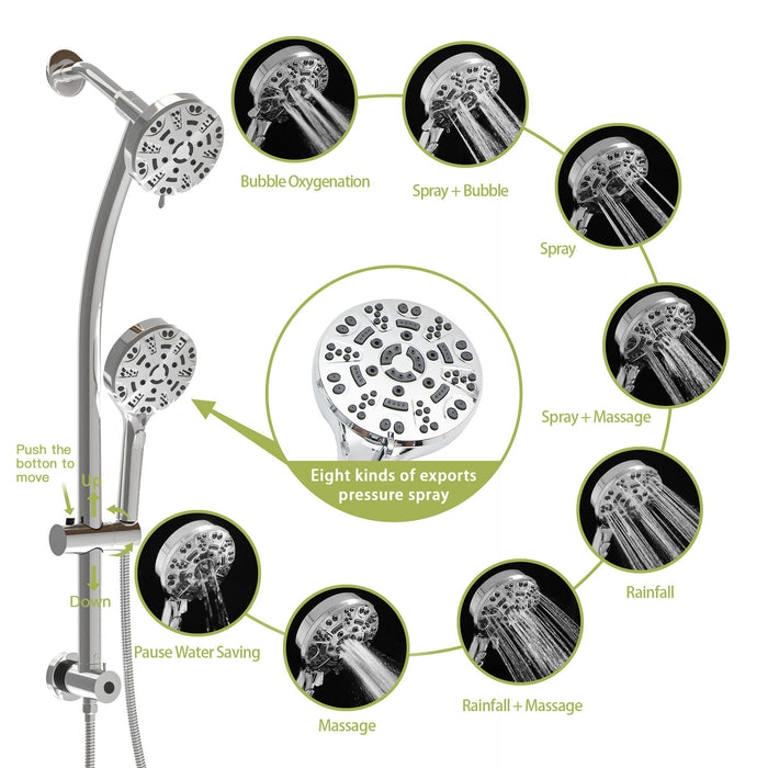 Multi Function Dual Shower Head System With 4.7" Rain Showerhead, 8 Function Hand Shower, Adjustable Slide Bar