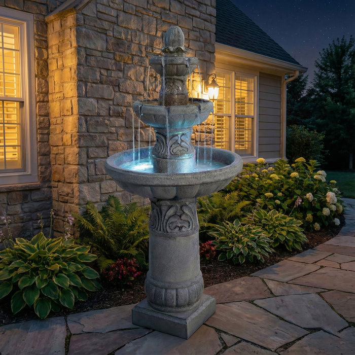 3 Tier Outdoor Garden Fountain With LED Lights - Gray