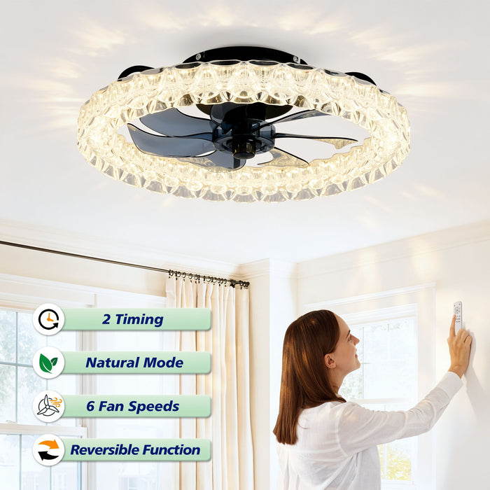LED Light Source And Remote Control, 3000 - 6500K Dimmable Flush Mount LED Fan Light, 6 Speeds, Quiet DC Motor - Matte Black