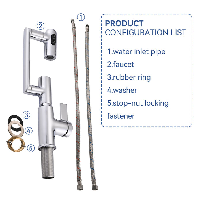 Bathroom Sink Faucet With Spray Function And Temperature Display, Anti Skid Switch, 360 Degree Rotary