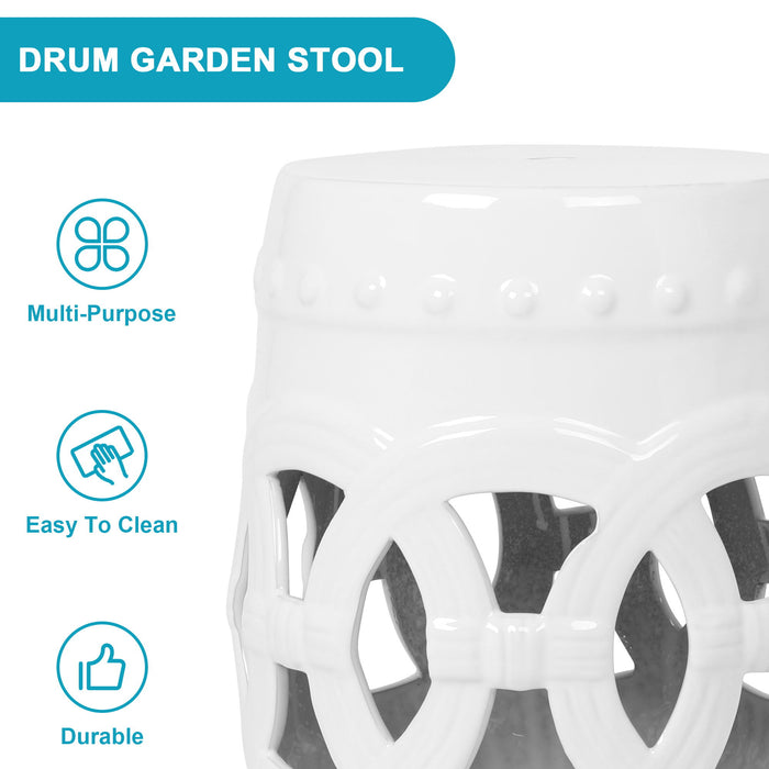 Elegant Glazed Ceramic Drum Stool Indoor / Outdoor Side Table Accent Garden Stool - White
