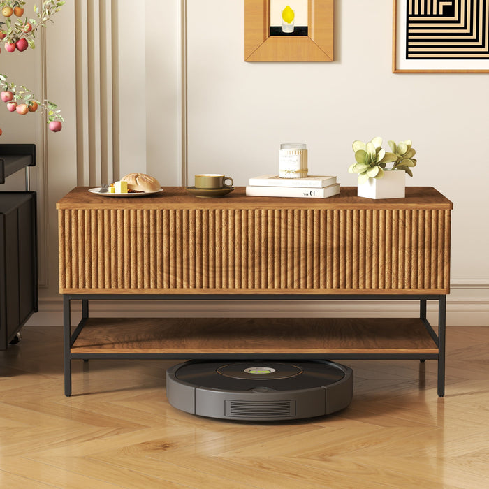 Rectangle Lift Top Coffee Table With Hidden Storage And Lower Shelf - Brown