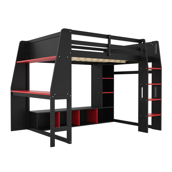 Gaming Loft Bed With Desk, Multi Storage Shelves, LED Lighting, And Hanging Clothes Rack