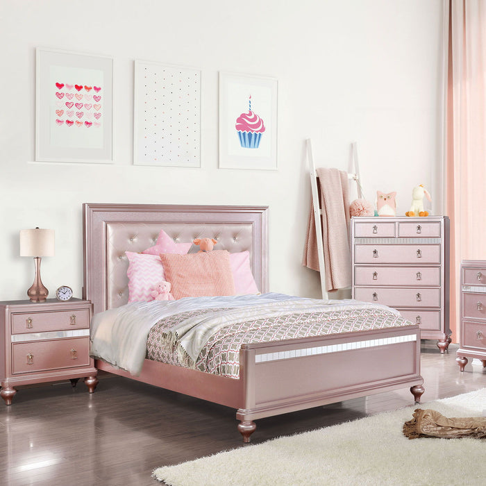 Nightstand With Mirror Accent Panels, 2 Drawer Design - Rose Gold