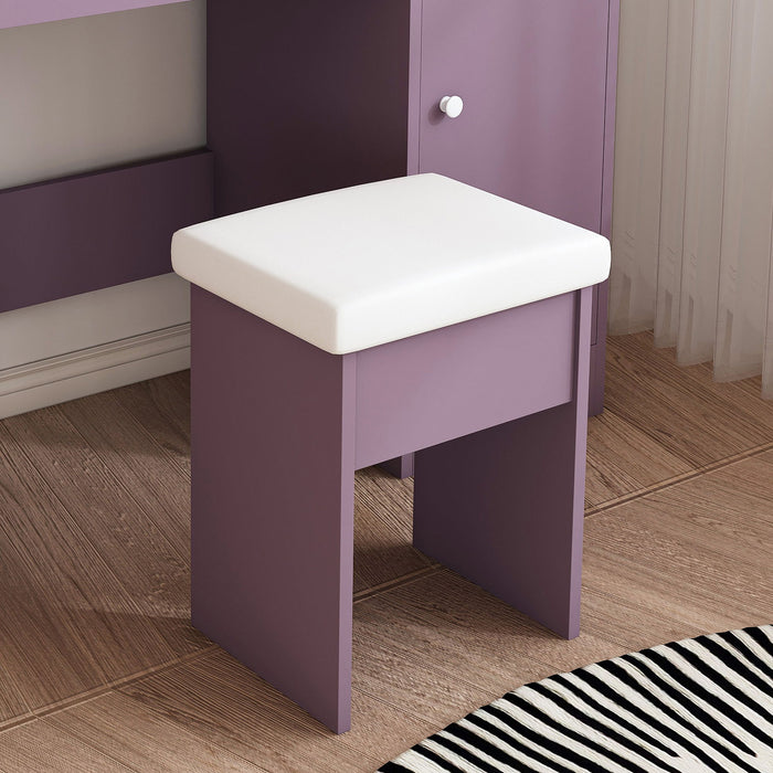 Vanity Desk Set With Padded Stool & Adjustable LED Mirror, 3 Color Mode Lighting, Compact For Bedroom - Purple