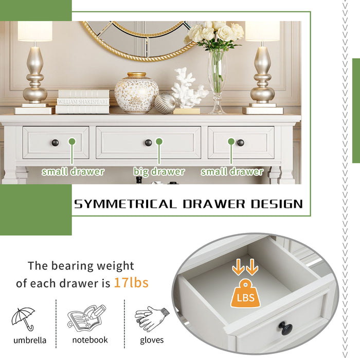 Classic Retro Style Console Table With 3 Top Drawers And Open Style Bottom Shelf - Antique White