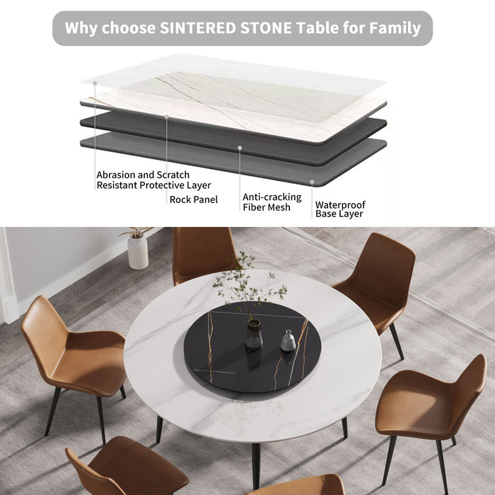 59.05" Modern Artificial Stone Round Metal Dining Table, Can Accommodate 6 People, Artificial Stone Turntable - Black / White