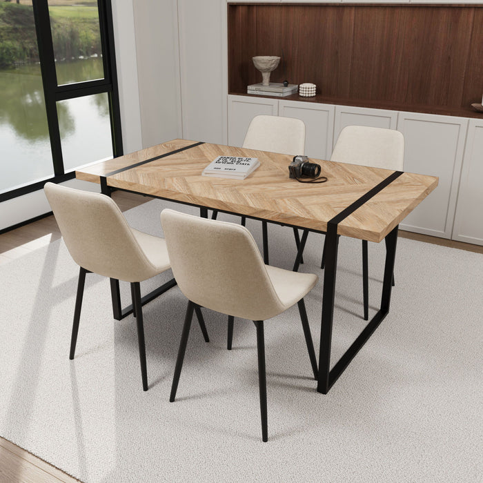 Modern Dining Table & Suede Chair Set WIth Rectangular Metal Base