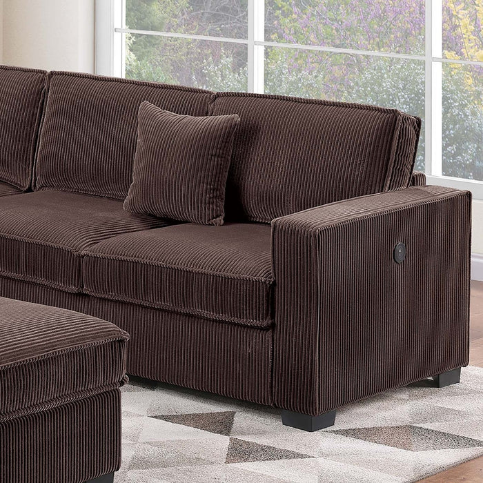 4 Piece Sectional Set With USB Ports, Left Arm Facing / Right Arm Facing Loveseat, Corner Wedge, Cocktail Ottoman, 2 Pillows - Chocolate