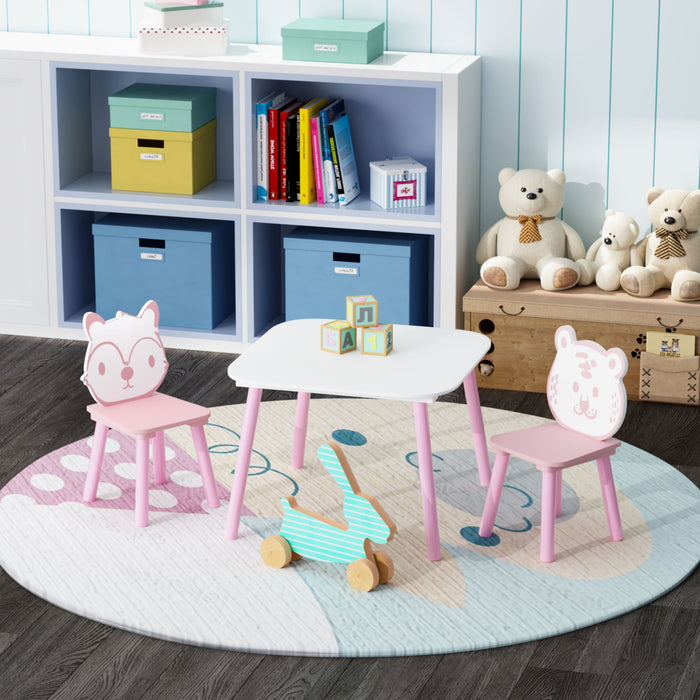 Table And Chair Set, 3 Piece Wooden Toddler Desk With Animal Backrest - Pink / White